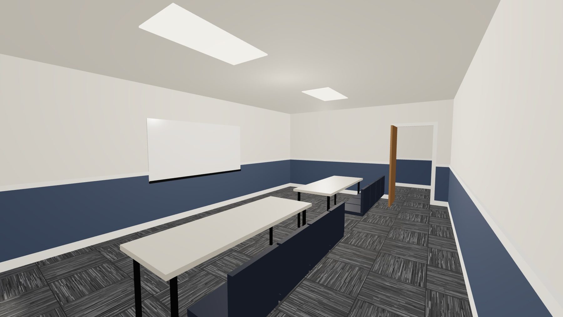 Rendering of a classroom with tables and a whiteboard